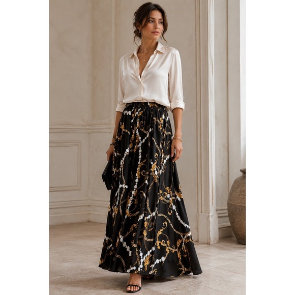 Cato Dresses & Skirts - Cato Black Maxi Skirt with Gold & White Chain Print